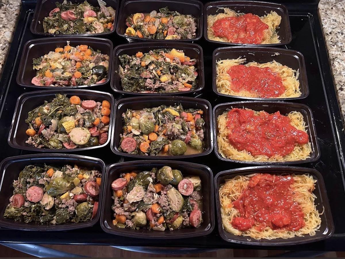 Prepared meal trays plated for service